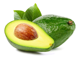 Fresh organic avocado with leaves isolated clipping path - 442280551