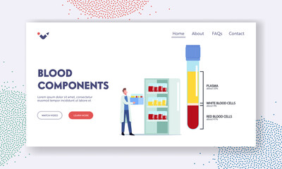 Blood Components, Medicine Landing Page Template. . Tiny Male Doctor Character Carry Bottles with Samples at Huge Flask