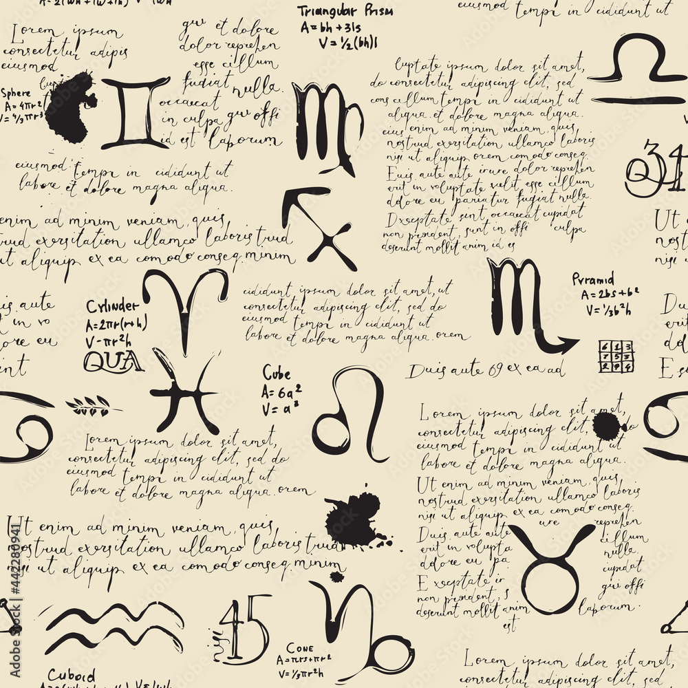 Poster abstract seamless pattern with zodiac signs, handwritten text lorem ipsum and hand-drawn geometrical
