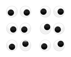 Plastic toy safety wobbly eyes flat style design vector illustration set isolated on white background. Funny, googly plastic toy eyeballs for craft dolls and jokes.