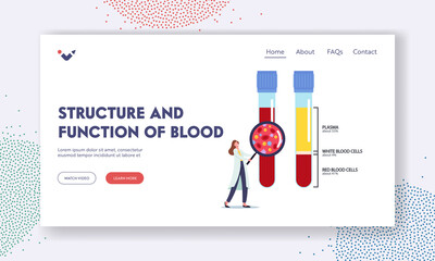 Structure and Function of Blood Landing Page Template. Lifeblood Composition. Tiny Femalewith Huge Magnifying Glass