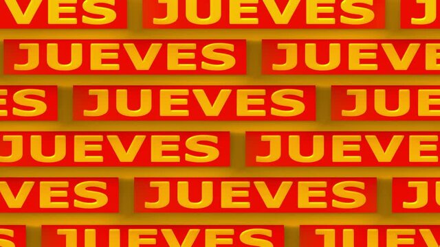 Jueves. Spanish Thursday. Kinetic text looped background. 4K video. Words moving left and right. Orange Red color. Spanish Thursday Jueves looped 4K background for trendy advertising campaign, adv.