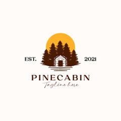 Fototapeta premium Cabin with Pine Tree Sunset Logo Template Isolated in White Background