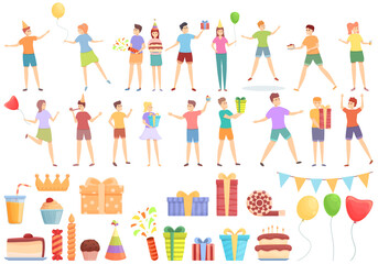 Fototapeta na wymiar Kids party icons set cartoon vector. Children birthday. School kids party