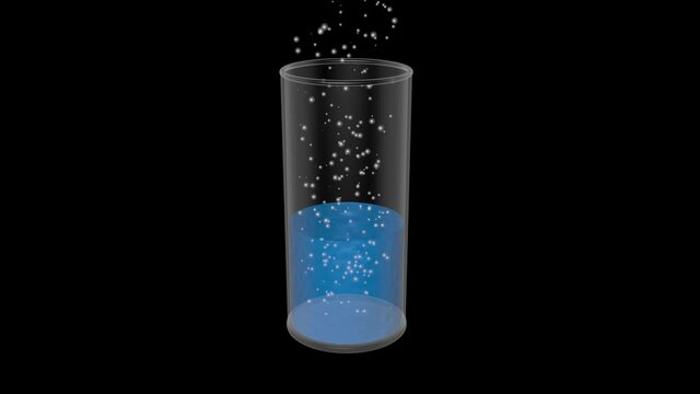 Bubbles rising in glass of water.  Gas bubbles rising in liquid as water level drops.  Evaporation . 3d animation render on black background