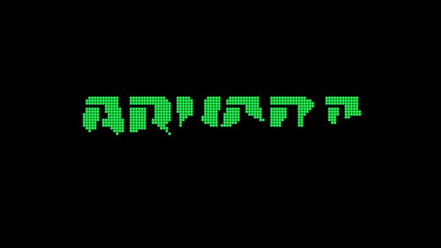 Arvada. Animated text. 4K video. Transparent Alpha channel. Isolated Letters from pixels, 8 bit. Green color. US city Arvada for title, social media, tourism, travel blog, TV.