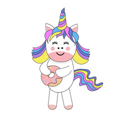 Cute unicorn with donut.  Template for printing, sticker, texture, wallpaper, postcard.
