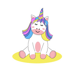 Sticker with cute rainbow unicorn. Vector art illustration with happy animal cartoon character.