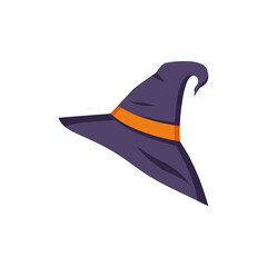 Pointed purple hat with orange ribbon. Element for halloween, witch festival and other decorations. Vector illustration