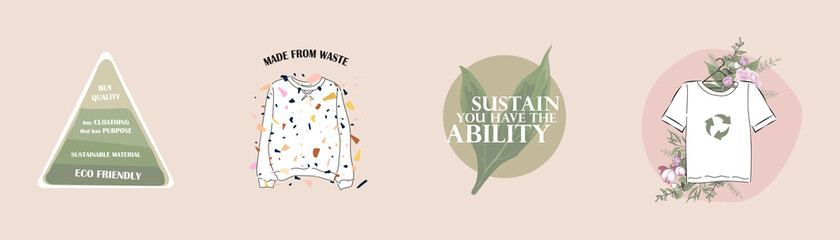 sustainable textile, slow fashion icons and symbols. concept of recycling, up cycling, reuse, hand made, slow fashion, fair trade, responsible materials, made from waste, eco friendly fabric clothing