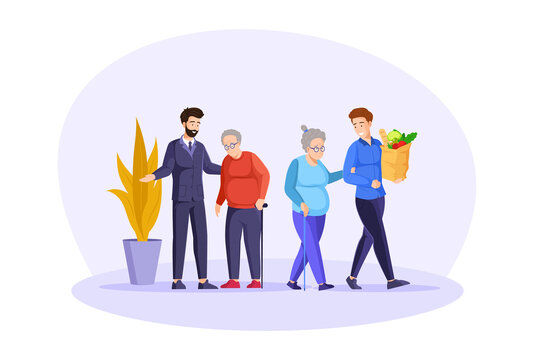 International volunteering day. Social workers taking care about seniors people. Volunteers caring for elderly person. Healthcare help service for diverse senior man and woman.