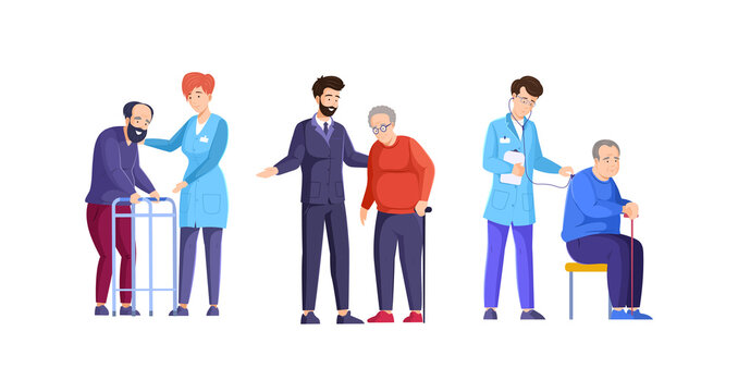 International volunteering day. Social workers taking care about elderly people at nursing home - Powered by Adobe