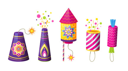 Set of petards, cracker and fireworks. Collection of pyrotechnic equipment. Festival exploding