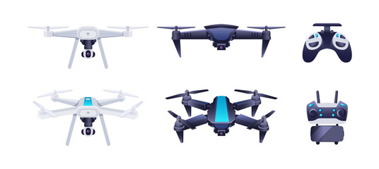 Collection of flying drones. Set modern electronic device for observation or surveillance from air