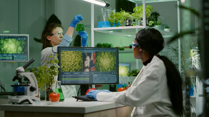 Biologist researcher typing gmo expertise on computer for scientific microbiology experiment....