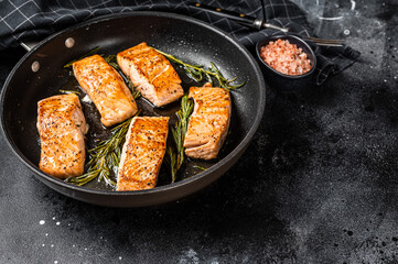 Roasted Salmon Fillet Steak in a pan with rosemary. Black background. Top view. Copy space