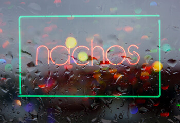 Neon Rainy Window Blur Image, Sandwich Shop Nachos Neon