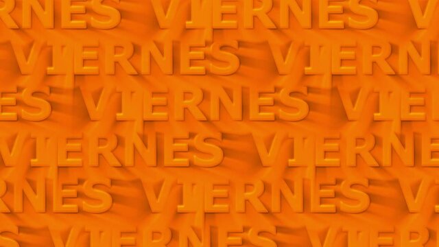 Viernes. Friday in Spanish. Orange Kinetic text looped background. 4K video. Words moving left and right. Spanish Friday Viernes looped 4K background for trendy advertising campaign, adv, promo