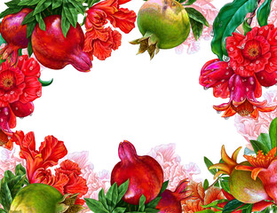 Flower frame with red flowers and pomegranate fruits and on an isolated white background