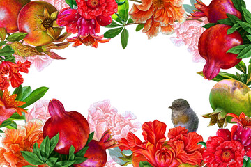 Flower frame with red flowers and fruits pomegranates and a bird on an isolated white background