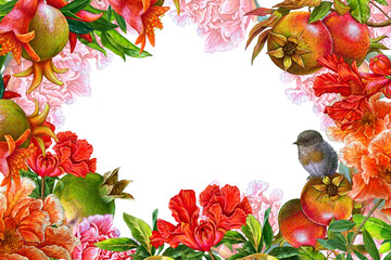 Flower frame with flowers and fruits pomegranates and a bird on an isolated white background