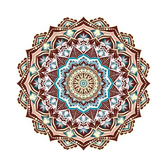 Round mandala pattern in red and blue colors. Lace decorative ornament for printing.
