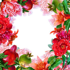 Flower frame with flowers and pomegranate fruits on an isolated white background