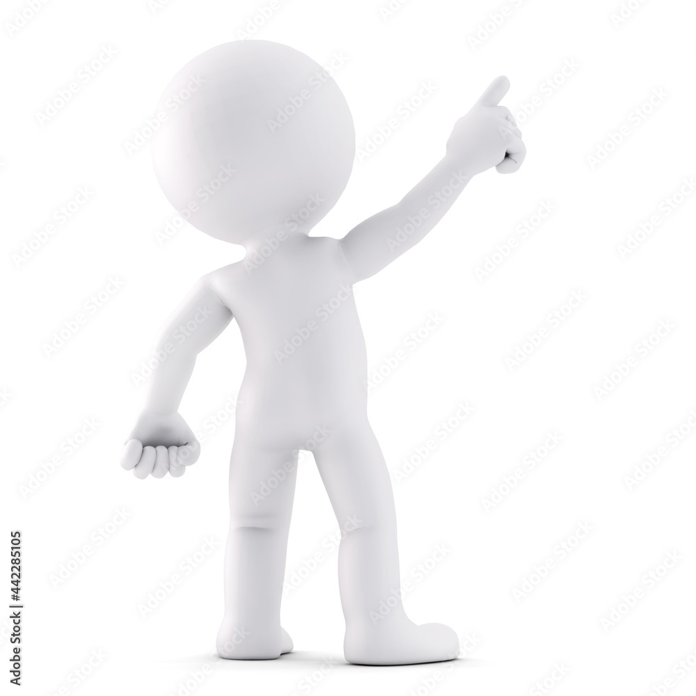 Wall mural Man pointing at invisible object. Rear view. 3D illustration. Isolated