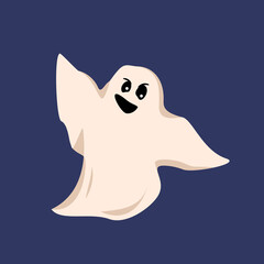 White ghost on a blue background. A sheet with a face, eyes, a smile and a grin. Mystical creature for halloween and for horror decor