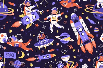 Seamless childish cosmic pattern with cute animals, cosmonauts and spaceships in space. Repeating texture with astronauts and rockets in universe. Colored flat vector illustration of cosmos background