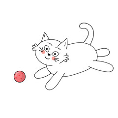 Cute white cat playing with a ball. Vector illustration with cartoon funny domestic pet.