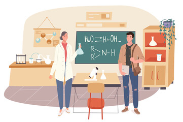 School web concept. Student learns chemistry at classroom. Teacher teaching subject in lesson at class. Science and education. People scenes template. Vector illustration of characters in flat design