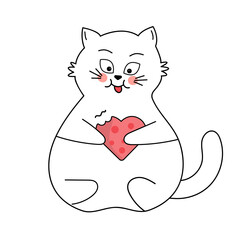 Сute white cat sitting and eating a heart shaped cookie. Can use as sticker, emoji, emoticon. Vector illustration with cartoon funny domestic pet.
