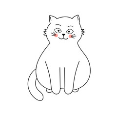 Cute white cat sitting and smiling. Vector illustration with cartoon funny domestic pet.