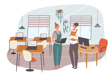 School web concept. Student learns at computer science lesson at classroom. Teacher talking with pupil. Science and education. People scenes template. Vector illustration of characters in flat design