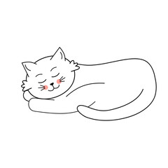 Cute white cat lies and sleeps. Vector illustration with cartoon funny domestic pet.