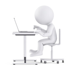 Man sitting at the desk and working on a laptop. 3D illustration. Isolated
