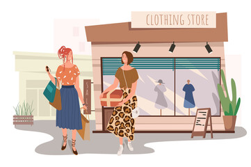 Clothing store building web concept. Two women buying stylish clothes in boutique. Girlfriends meeting and shopping together. People scenes template. Vector illustration of characters in flat design