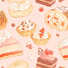 Seamless pattern with hand drawn cakes, berries and sweets. Vector illustration