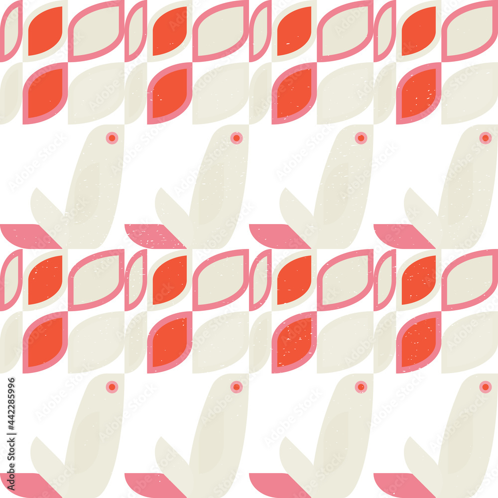 Poster abstract geometric retro inspired vector seamless pattern.stylized bird, leaves and flowers in paste
