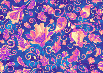 Paisley watercolor floral pattern tile:  flowers, flores, tulips, leaves. Oriental indian traditional hand painted water color whimsical seamless print, ceramic design. Abstract india batik background