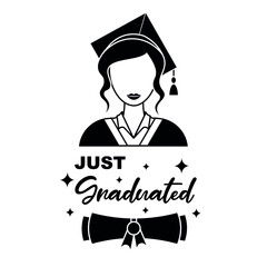 Just graduated flat design elements. Graduated student with graduation gown. Graduation cap and clothes. Rolled diploma icon with ribbon Female student icon. Graduation icons Greeting card or banner. 