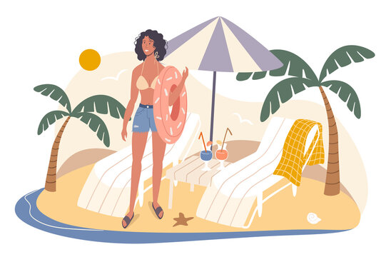 Summer travel web concept. Woman resting on seashore, holding rubber ring. Young girl stands near sun loungers under umbrella. People scenes template. Vector illustration of characters in flat design