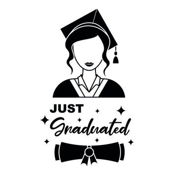 Just graduated flat design elements. Graduated student with graduation gown. Graduation cap and clothes. Rolled diploma icon with ribbon Female student icon. Graduation icons Greeting card or banner. 