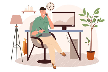 Office workplace web concept. Man working on graphic tablet sitting in chair in room with decor. Freelancer or remote worker. People scenes template. Vector illustration of characters in flat design