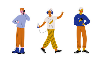 People Character Using Smartphone Speaking by Phone and Listening to Music Vector Set