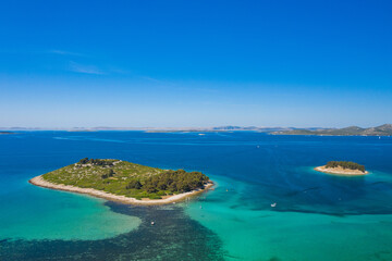 Fototapeta na wymiar Aerial view of beautiful islands on Adriatic sea in Croatia, near town of Pakostane