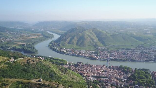 Flying Away From Steep Terrace Vineyard Hill, Famous Rhone Valley Wine, Aerial Tain L'Hermitage