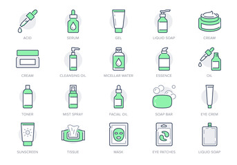 Cleanser cosmetic line icons. Vector illustration include icon - cream, collagen, mask, makeup lotion, serum, sunscreen outline pictogram for skincare product. Green color, Editable Stroke - obrazy, fototapety, plakaty