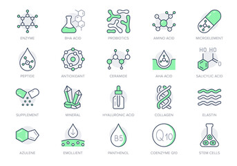Cosmetic compounds line icons. Vector illustration include icon - vitamin, antioxidant, coenzyme q10, collagen outline pictogram for beauty chemical components. Green color, Editable Stroke - obrazy, fototapety, plakaty